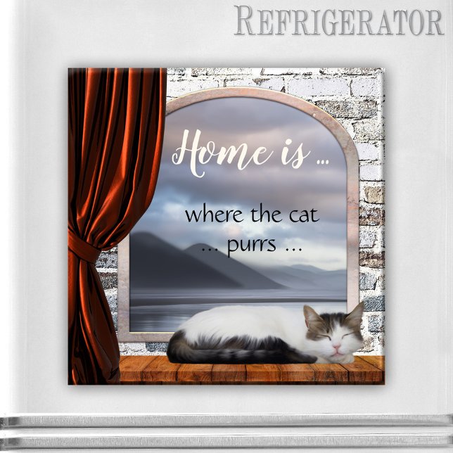 Aimant Cute Home est l'endroit où le chat purrs l'aimant  (Cute magnet featuring a painting of a dreaming cat in the window sill. For a cozy home cat lover)