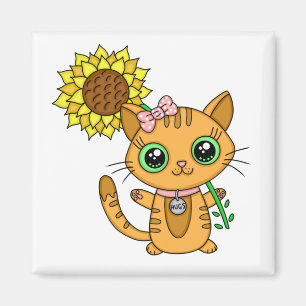 Aimant Cute Kawaii Chat Holding Fleur