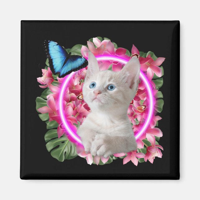 Aimant Cute Kitten avec papillon bleu sur néon tropical (Devant)