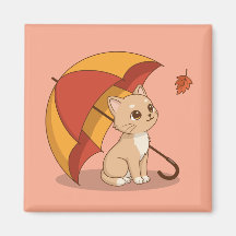 Cute Kitten Cat Red Yellow Umbrella Fall Pink