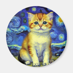 Aimant Cute Kitten Starry Night Van Gogh