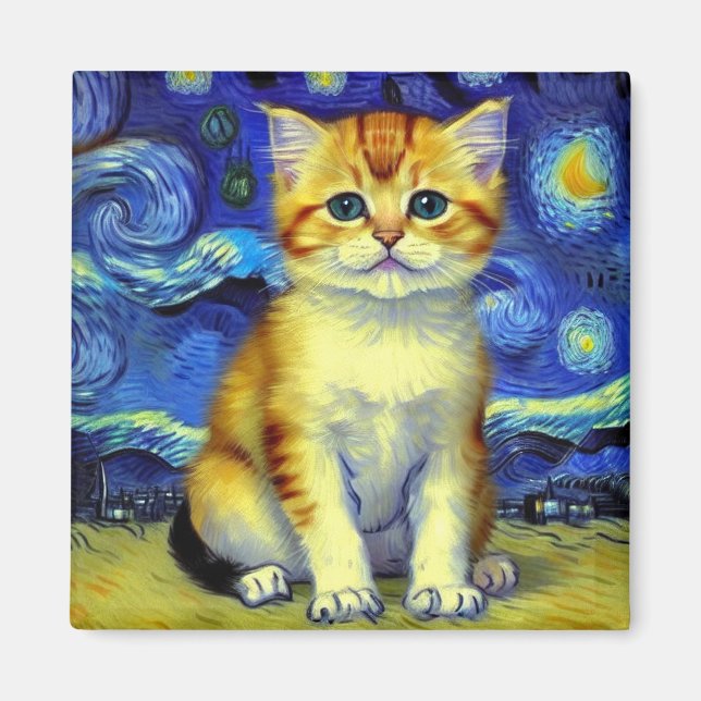 Aimant Cute Kitten Starry Night Van Gogh (Devant)