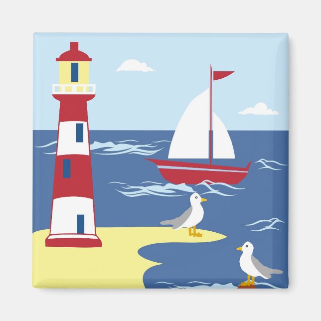 Aimant Cute Lighthouse and Boat Seaside Art (Devant)