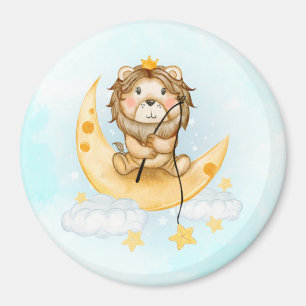 Aimant Cute Lion Pêche sur l'aquarelle de la lune