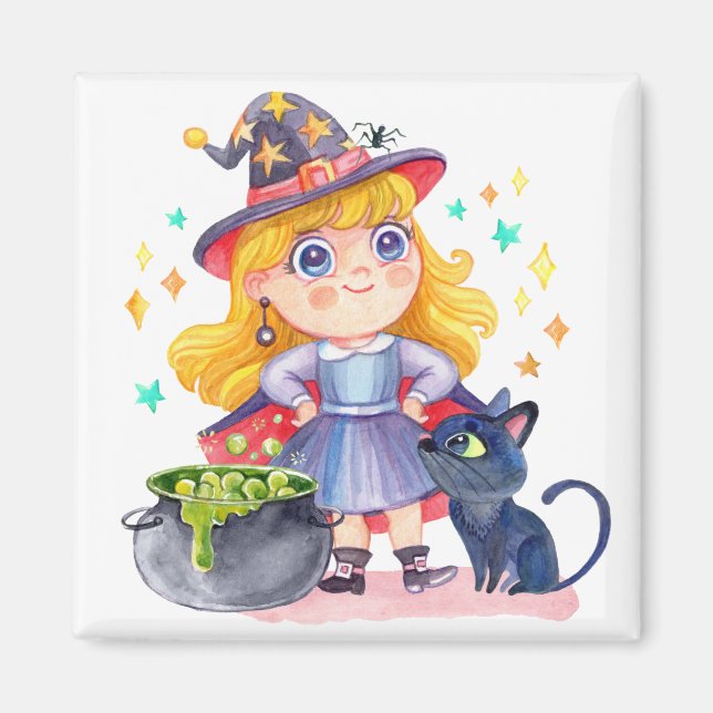 Aimant Cute little witch and black cat (Devant)