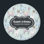 Aimant Cute Llama Pattern on Polka Dots Birthday<br><div class="desc">Birthday favor magnet with a cute pattern featuring whimsical llamas. One is laying down, one is holding a flower in his mouth, and one is looking at you suspiciously. These animals have lots of charming character. Set on a green polka dot background. Layered over top is a fancy frame with...</div>