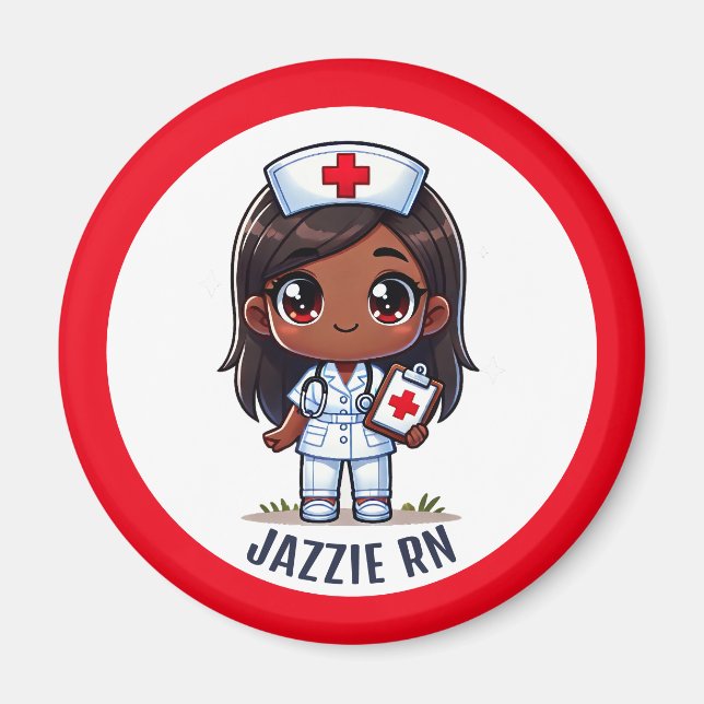 Aimant Cute Manga Black Nurse Yeux Brown personnalisés (Devant)