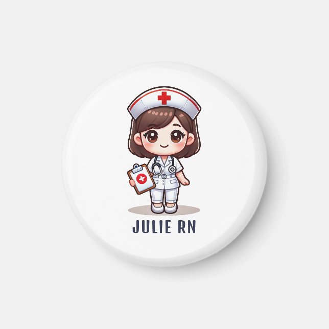 Aimant Cute Manga Brunette Nurse Caricature Personnalisée (Devant)