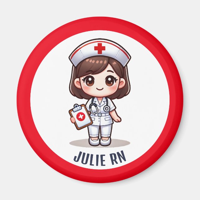 Aimant Cute Manga Nurse avec Brunette Yeux Brown Personna (Devant)