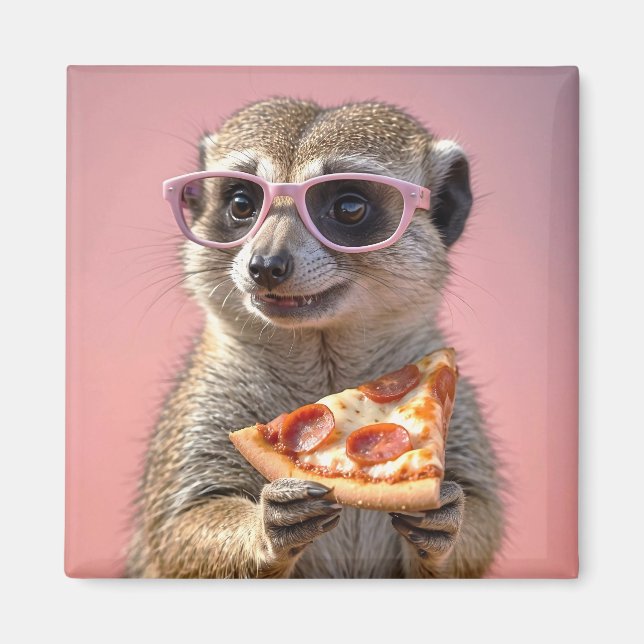 Aimant Cute Meerkat avec lunettes et pizza (Devant)