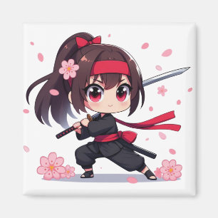 Aimant Cute ninja guerrière fille en fleur