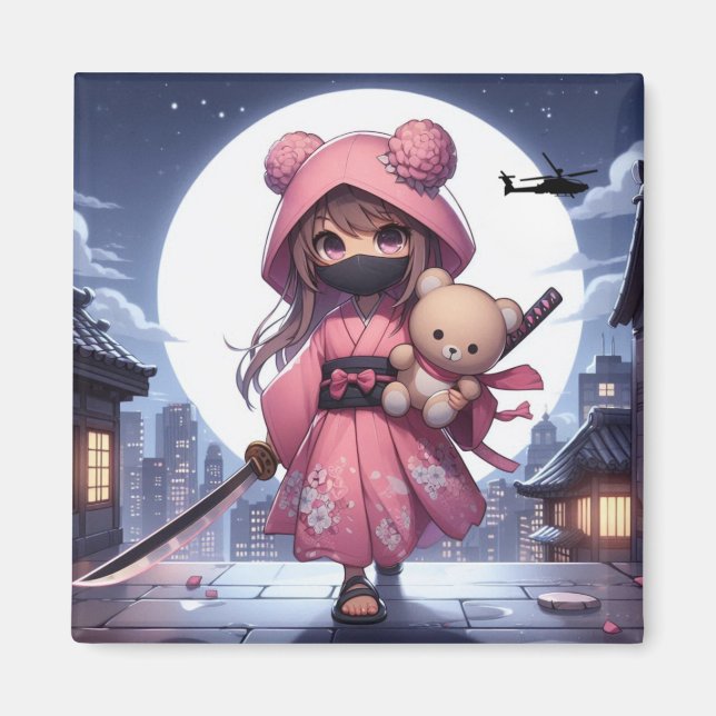 Aimant Cute ninja guerrière fille & teddy (Devant)