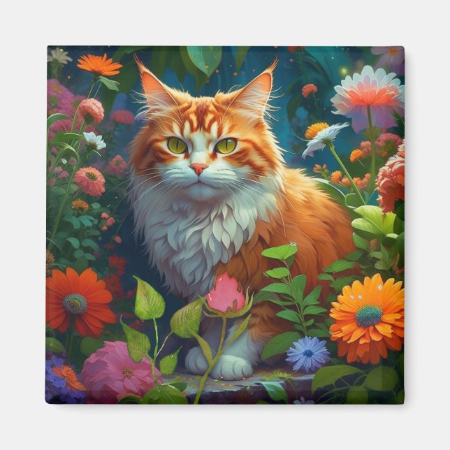 Aimant Cute Orange Chat en Fleurs (Devant)
