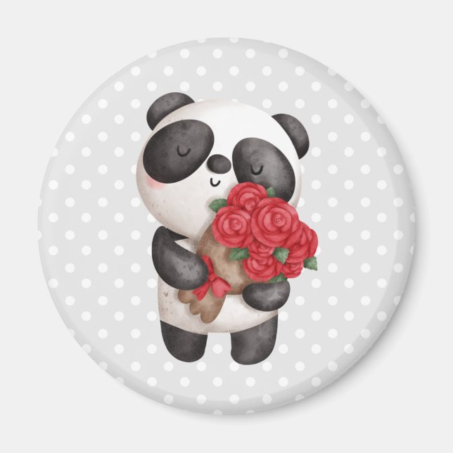 Aimant Cute Panda Ours portant Bouquet de Rose (Devant)