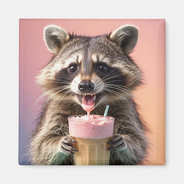 Aimant Cute Raccoon Boire Milkshake (Devant)