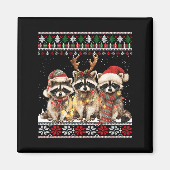 Aimant Cute Raccoon Santa Christmas Lights Ugly Xmas Swea (Devant)