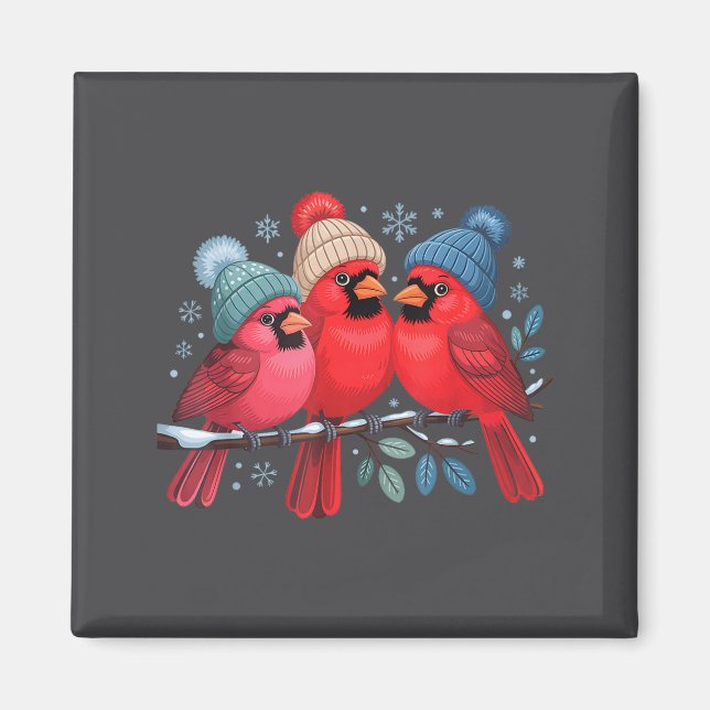 Aimant Cute Red Cardinals With Knitted Hats Winter Bird A (Devant)