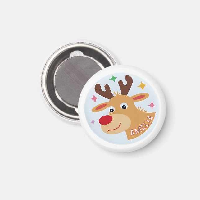 Aimant Cute Reindeer Nom de l`enfant Cadeau de Noël (Recto/Verso)