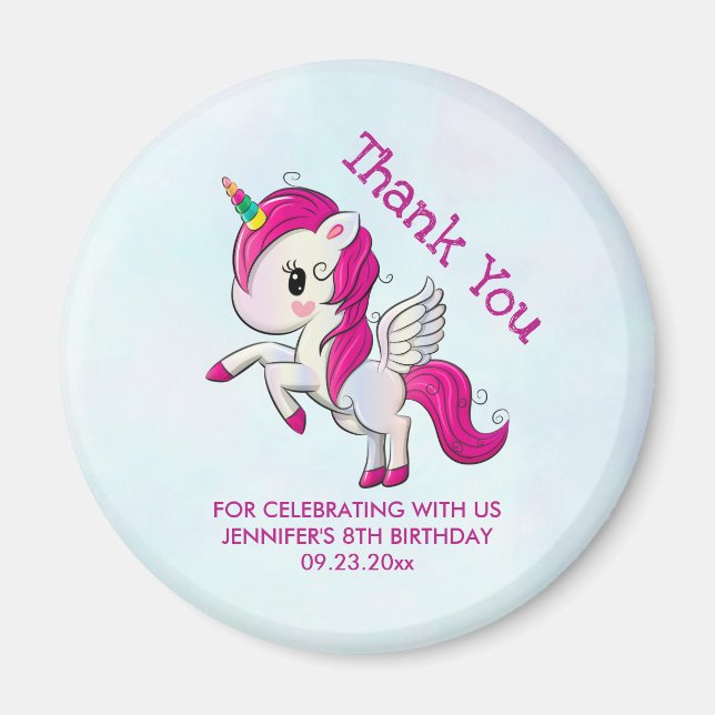 Aimant Cute rose Unicorne avec ailes Anniversaire (Devant)