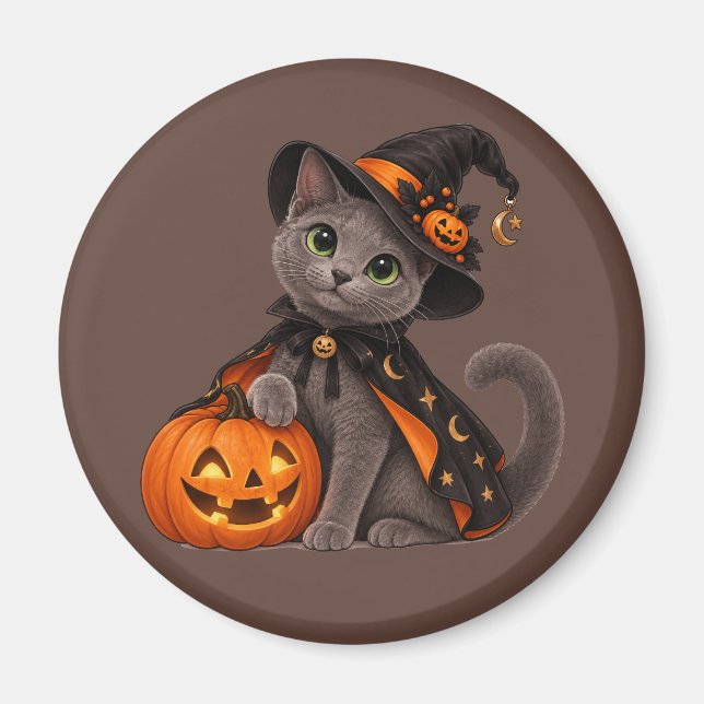 Aimant Cute Russian Blue Cat Witch Halloween (Devant)