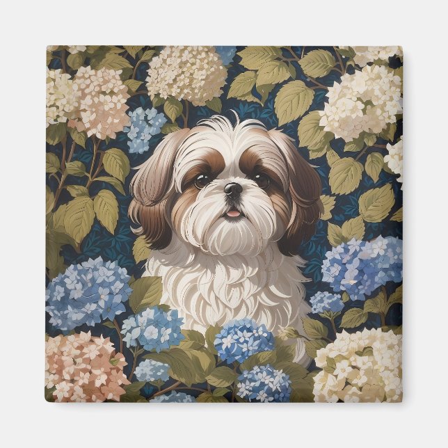 Aimant Cute Shih Tzu Chiot Blue hydrangea fleurs (Devant)