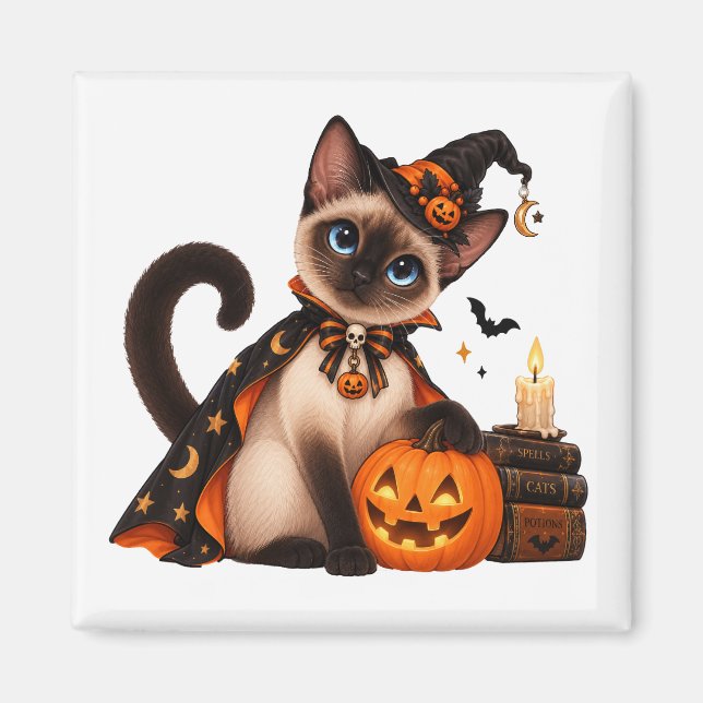 Aimant Cute Siamese Cat Witch Halloween (Devant)