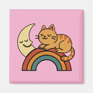 Aimant Cute Sleeping Cat on Rainbow with Moon – Funny Cat