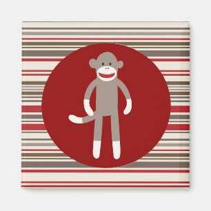 Aimant Cute Sock Monkey on Red Circle Red Brown Stripes