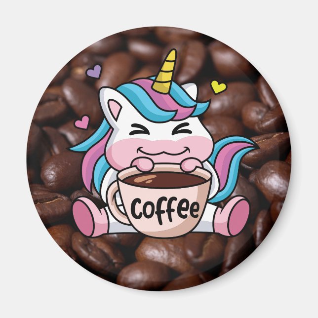 Aimant Cute Unicorne avec café (Devant)