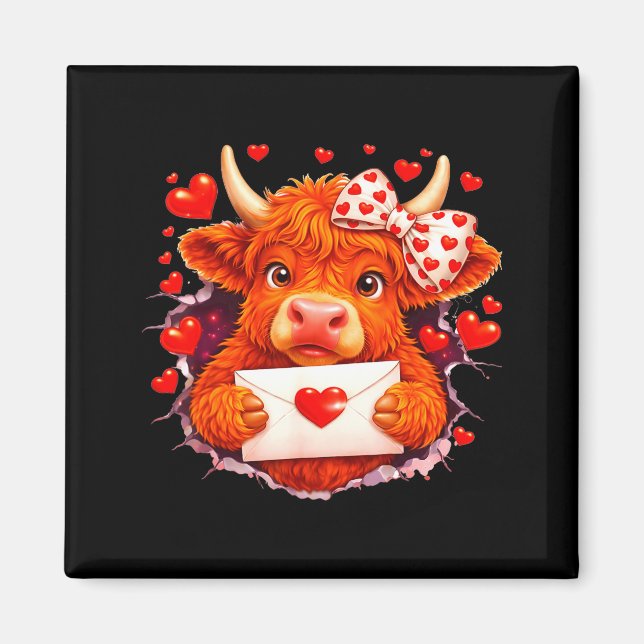 Aimant Cute Valentine Highland Cow With Heart Bow Western (Devant)