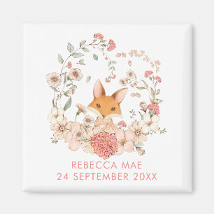 Aimant Cute Vintage Fox Botanicals Name Date Birth Girl
