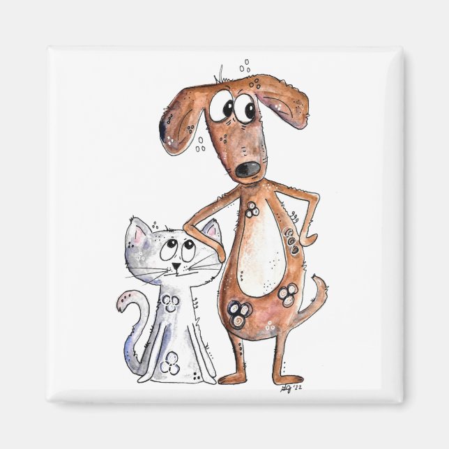 Aimant Cute Whimsical Brown chien et chat gris (Devant)