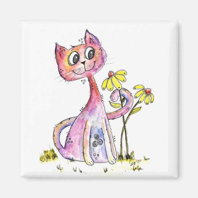 Aimant Cute Whimsical Pink Cat with Yellow Flowers (Devant)