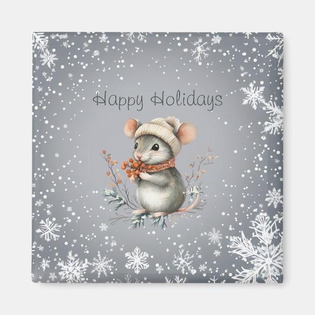 Aimant Cute Winter Mouse with Berries (Devant)