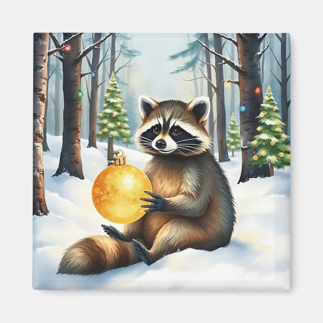Aimant Cute Winter Raccoon with Gold Ornament Christmas (Devant)
