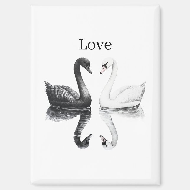 Aimant Cygnes Oiseaux Reflet Amour Noir Blanc (Recto)