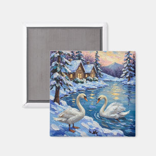 Aimant Cygnes vintage sur un lac hivernal - Peinture de N