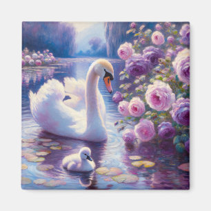 Aimant Cygnet blanc avec Roses violets
