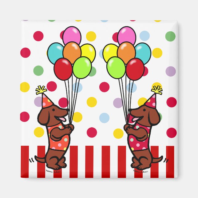 Aimant Dachshund Birthday Cartoon Balloons (Devant)