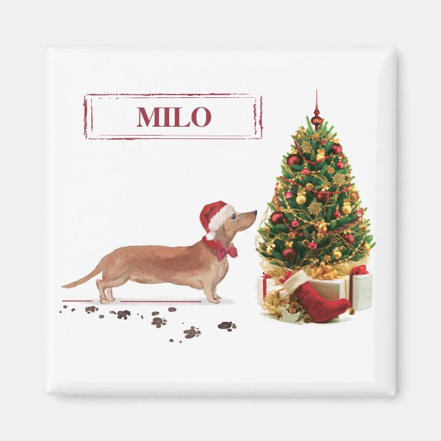 Aimant Dachshund brun drôle de Noël avec arbre (Devant)