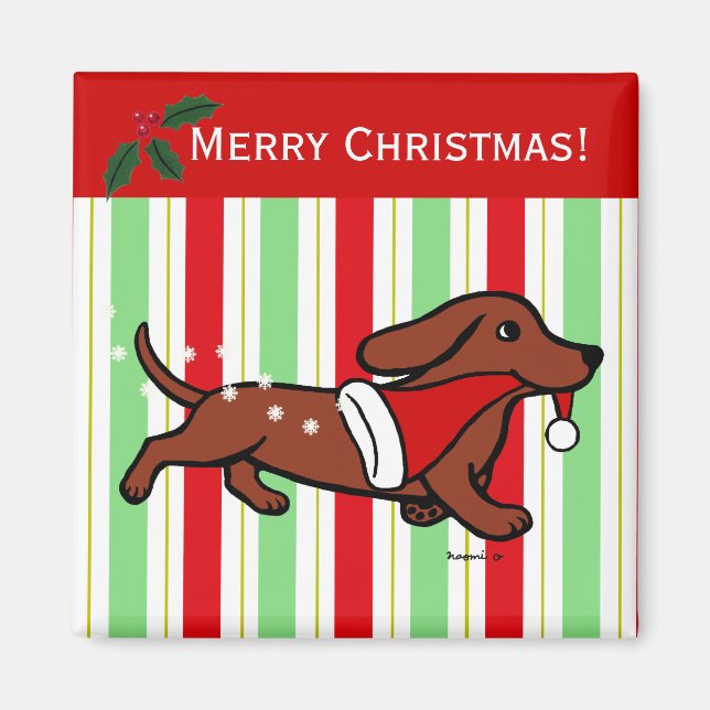 Aimant Dachshund Cartoon de Noël Snowflakes (Devant)