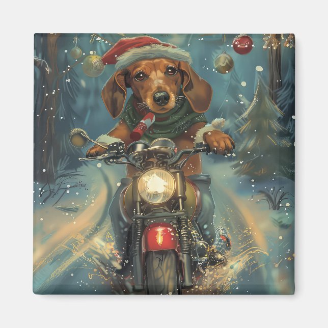Aimant Dachshund Chien à Moto Noël (Devant)