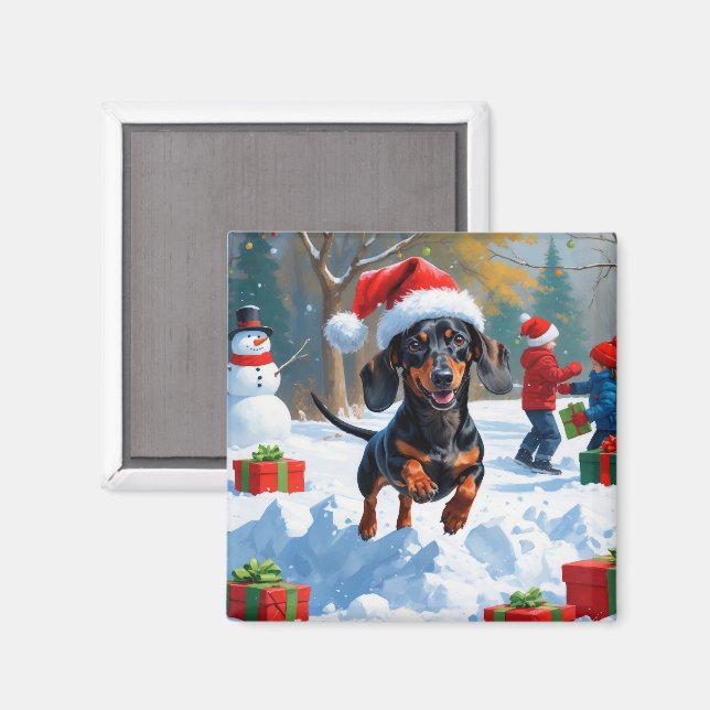 Aimant Dachshund courant dans la neige avec un chapeau de (Recto/Verso)