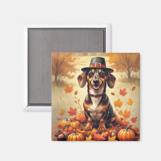 Aimant Dachshund dans les feuilles d'automne, l'art de Th (Recto/Verso)