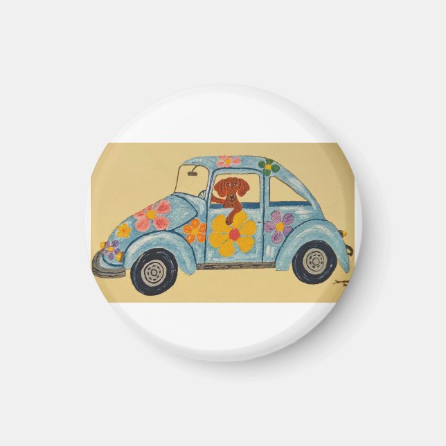 Aimant Dachshund dans une voiture hippie (Devant)
