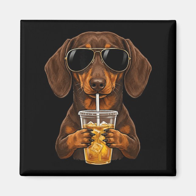 Aimant Dachshund drôle buvant un café glacé mème de chien (Devant)