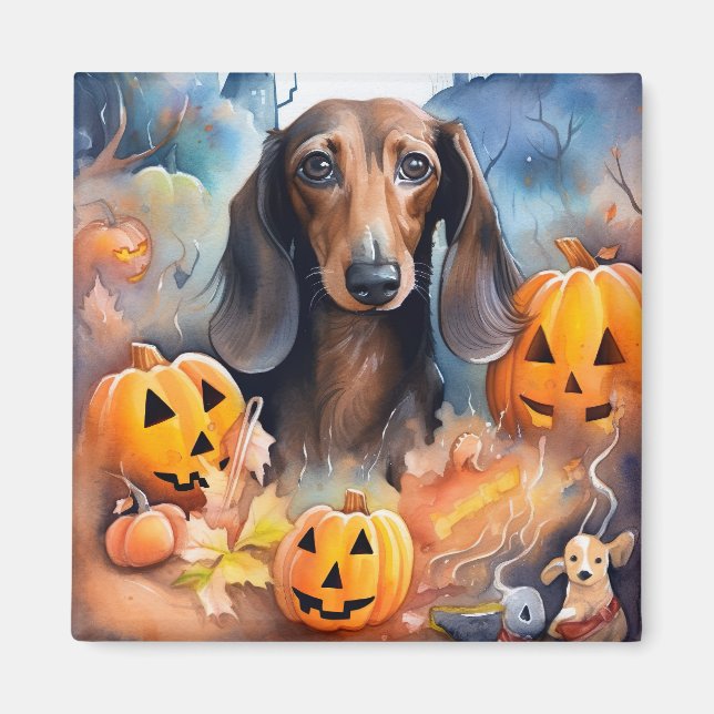 Aimant Dachshund Halloween avec citrouilles effrayant (Devant)