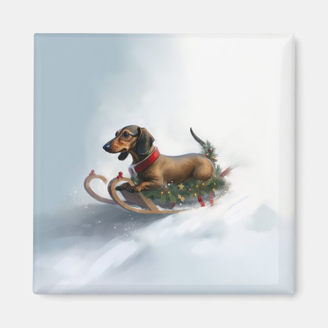 Aimant Dachshund hiver neige de Noël (Devant)