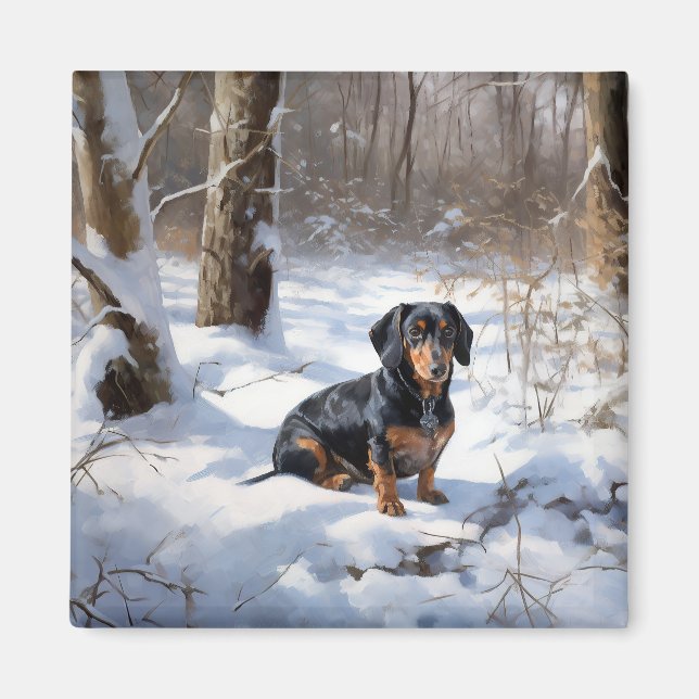 Aimant Dachshund laisse tomber la neige de Noël (Devant)