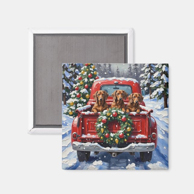 Aimant Dachshund Noël Camion Rouge Fêtes (Recto/Verso)